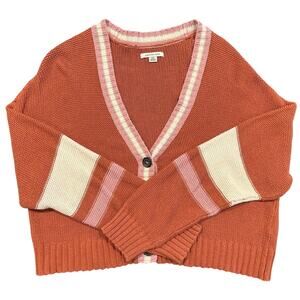 American Eagle Colorblock Knit Cardigan Sweater, Orange Pink Cream, Size Large